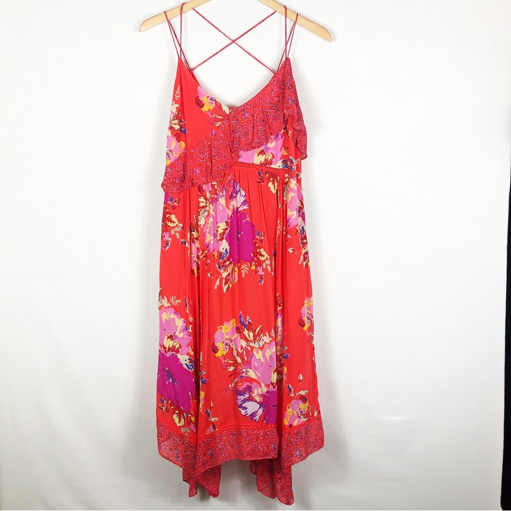 Maeve Anthropologie Grecia Ruffle Asymmetrical Midi Dress | Red Orange | Size 8